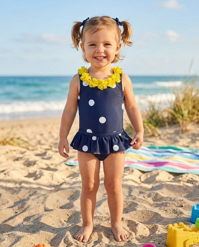 3D Floral Applique Polka-Dot Print Swimsuit