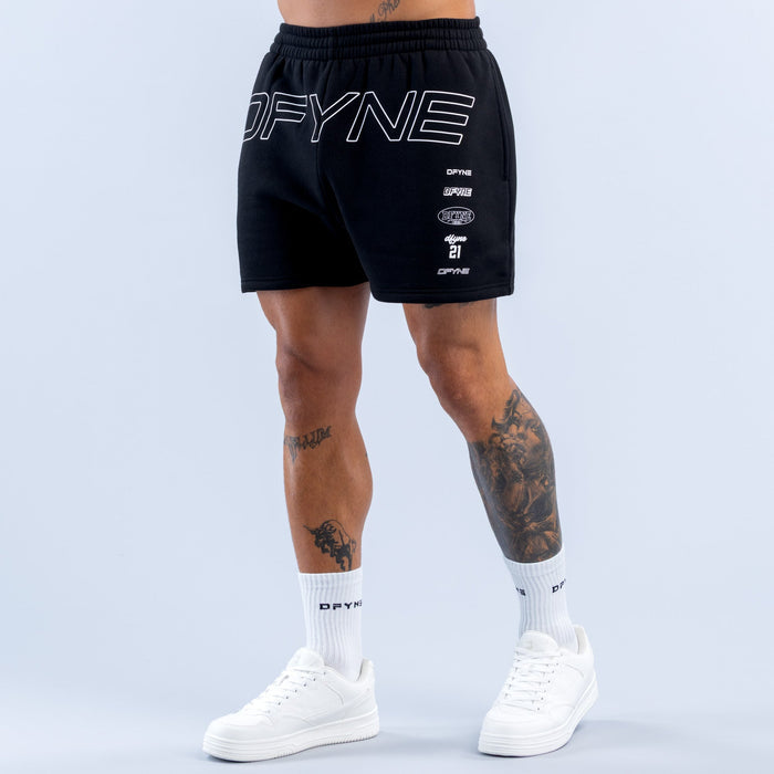 Black DFYNE logo jogger shorts, front view with small emblem on right leg