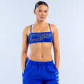 Kids' 5th birthday sports bra, blue with large front logo and racerback straps