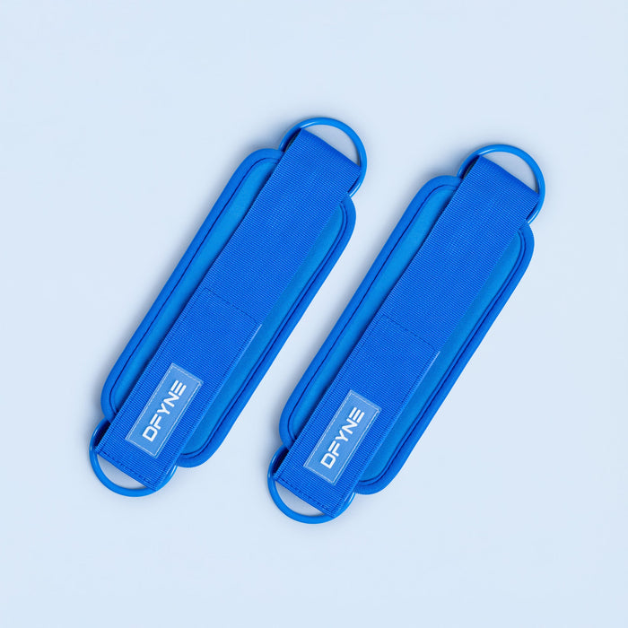 Blue ankle straps, long fabric panels with DYNY logo and round adjustable loops