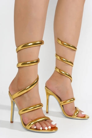 Ankle Wrap-around Open Round Toe Stiletto Heel Sandal-Gold