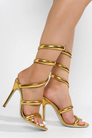 Ankle Wrap-around Open Round Toe Stiletto Heel Sandal-Gold