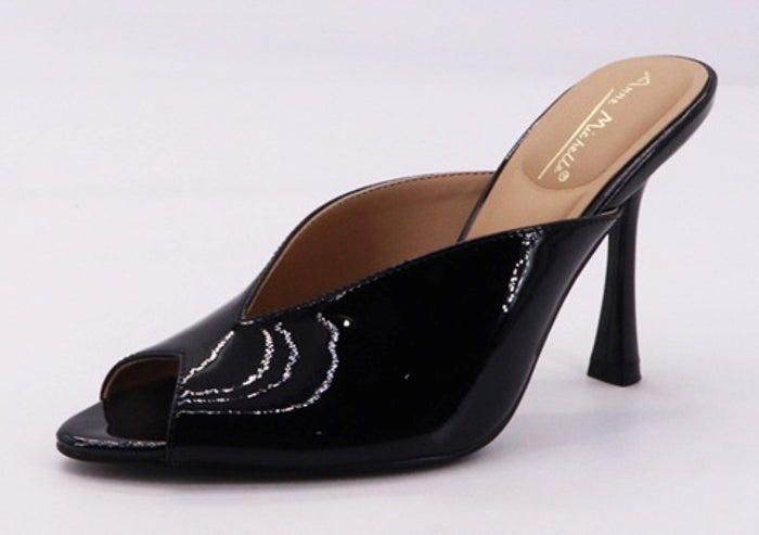 Ann Michelle Trace Black Patent Peep-Toe Stiletto Mule Heels – Slip-On High Heel Sandal
