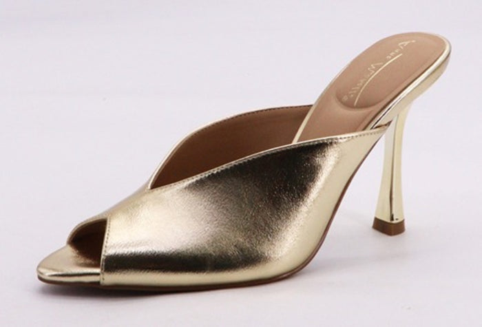 Ann Michelle Trace Gold Metallic Peep-Toe Stiletto Mule Heels – Slip-On High Heel Sandal