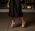 Ann Michelle Trace Gold Metallic Peep-Toe Stiletto Mule Heels – Slip-On High Heel Sandal