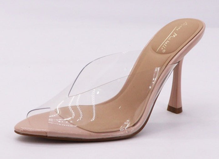 Ann Michelle Trace Nude Clear PVC Pointed-Toe Stiletto Mule Heels – Slip-On High Heel Sandal