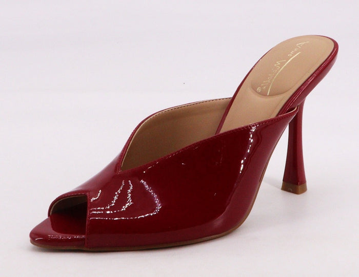 Ann Michelle Trace Wine Patent Peep-Toe Stiletto Mule Heels – Slip-On High Heel Sandal