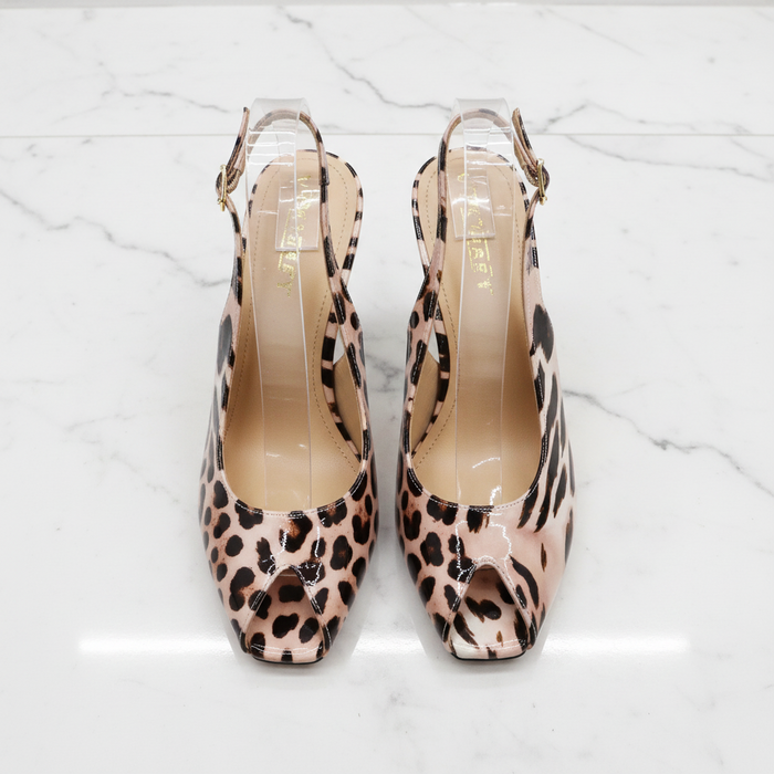 Clearcut Cheetah Patent Peep Toe Slingback Stiletto Heels
