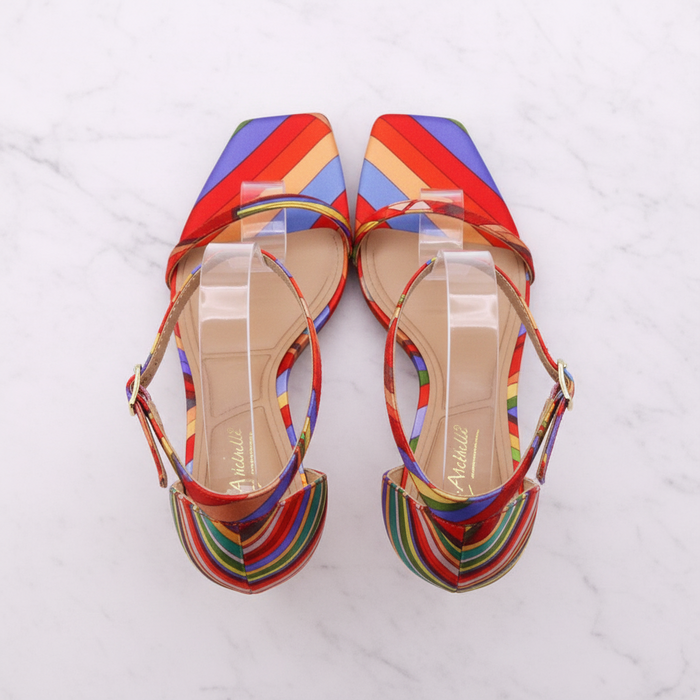Anne Michelle Neo Red Multicolor Striped Stiletto Sandals – Open Toe Ankle Strap Heels