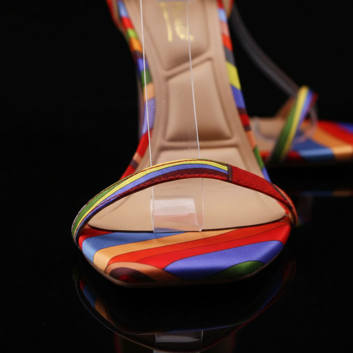 Anne Michelle Neo Red Multicolor Striped Stiletto Sandals – Open Toe Ankle Strap Heels
