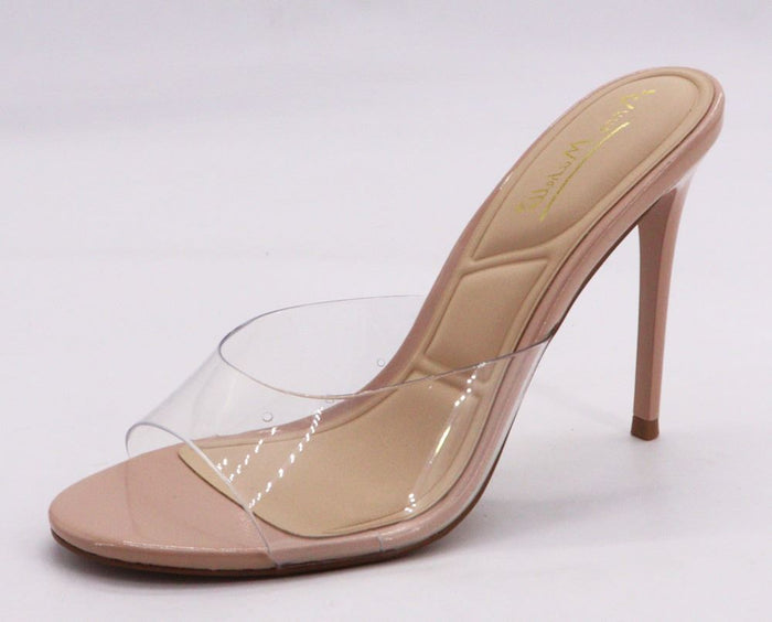 Anne Michelle Showy Clear PVC Stiletto Mule Heels – Open Toe Slip-On High Heels