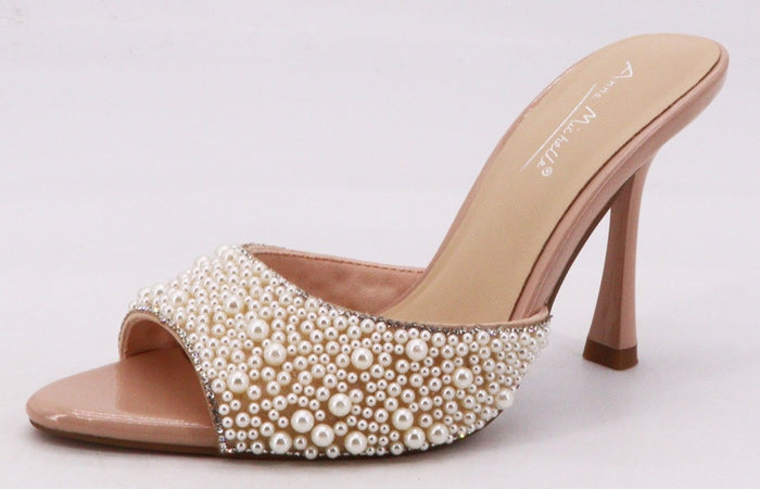 Pearl & Rhinestone Embellished Nude Stiletto Mule Heels – Slip-On Square Toe High Heels