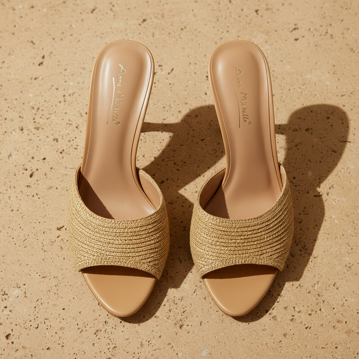 Anne Michelle Tracy Raffia Woven Stiletto Mule Heels – Slip-On Open Toe High Heels for Women