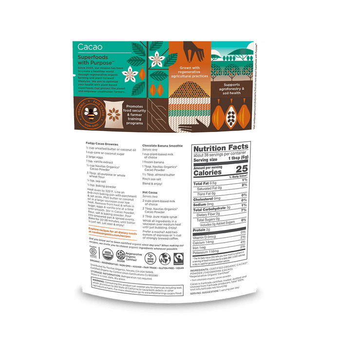 Navitas Organics 8oz Regenerative Organics Certified Cacao Powder back of bag