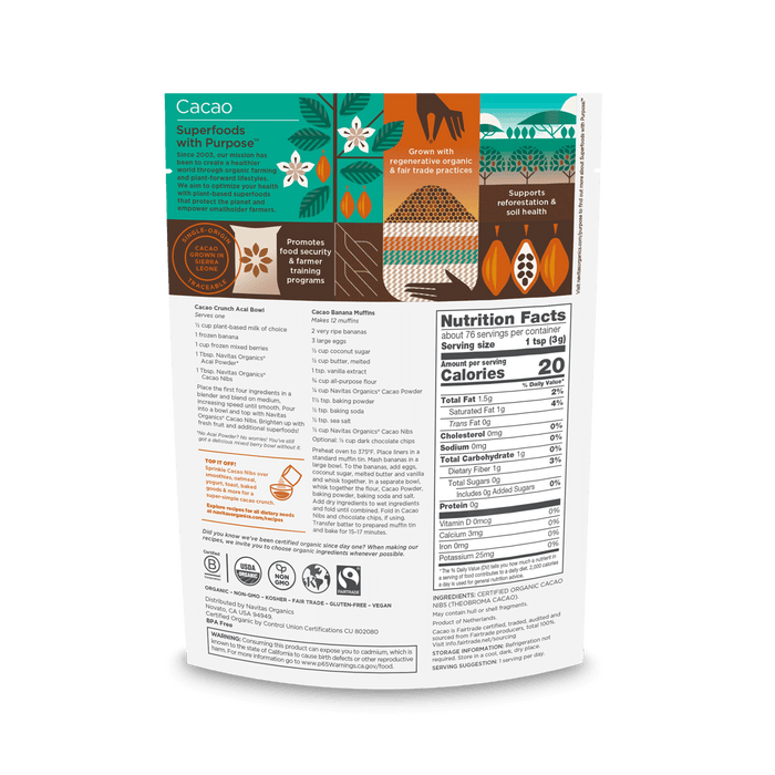 Navitas Organics 8oz Unsweetened Cacao Nibs back of bag