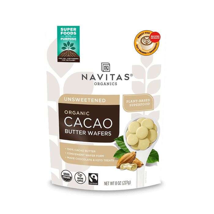 Navitas Organics 8oz Unsweetened Cacao Butter Wafers front of bag