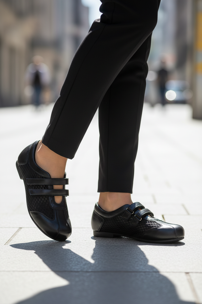 Balleta Black Velcro Flats — Women's Mesh Double-Strap Shoes