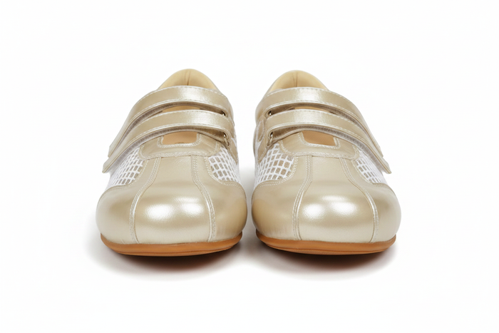 Balleta Pearl Gold Velcro Flats — Women's Mesh Double-Strap Shoes