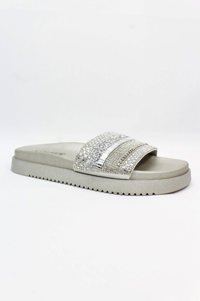 Barney Crystal Rhinestone Slide Sandals – Silver & Gold | Wide Band Platform Slides