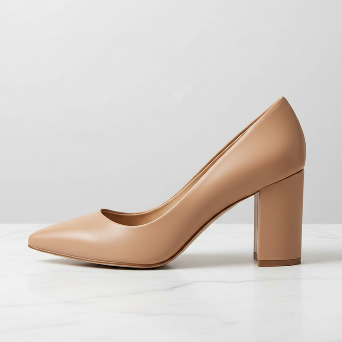 High-Vamp Block Heel Pump – Nude