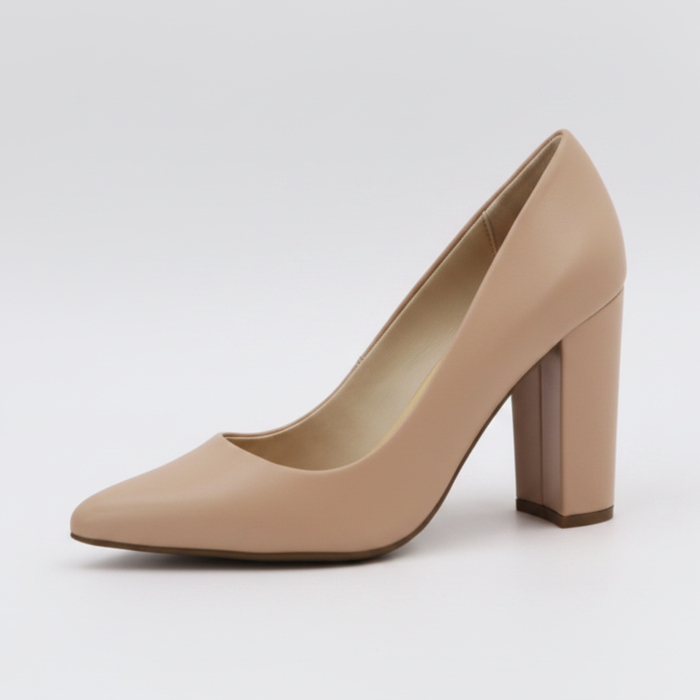 High-Vamp Block Heel Pump – Nude