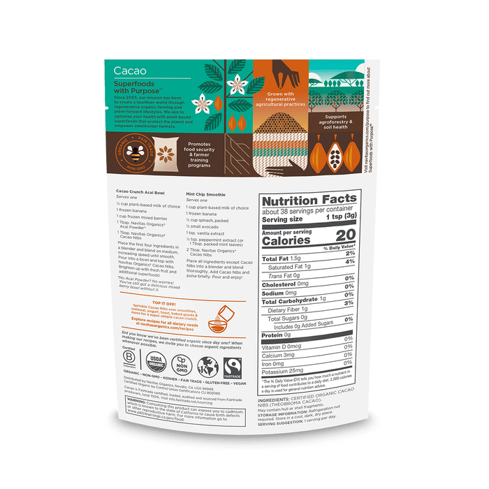 Navitas Organics 4oz Cacao Nibs back of bag