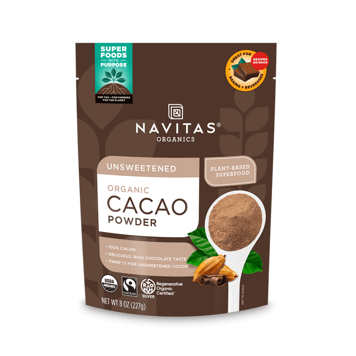 Navitas Organics Regenerative Certified Unsweetened Organic Cacao Powder 8oz. front of bag