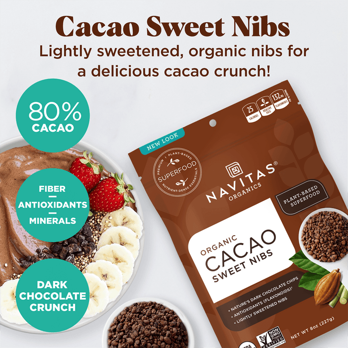 Navitas Organics Cacao Sweet Nibs are lightly sweetened, organic nibs for a delicious cacao crunch! 80% cacao, packed with fiber, antioxidants and minerals, they provide a dark chocolate crunch.