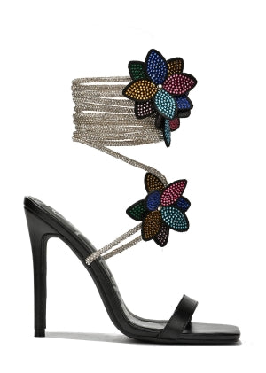 Cape Robbin Flowery Rhinestone Ankle Wrap Stiletto Heel Sandals – Black