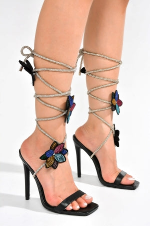Cape Robbin Flowery Rhinestone Ankle Wrap Stiletto Heel Sandals – Black