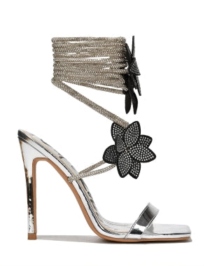 Cape Robbin Flowery Rhinestone Ankle Wrap Stiletto Heel Sandals – Silver