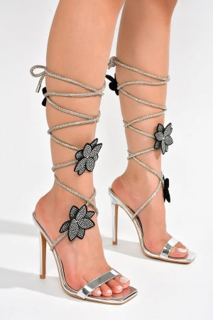 Cape Robbin Flowery Rhinestone Ankle Wrap Stiletto Heel Sandals – Silver
