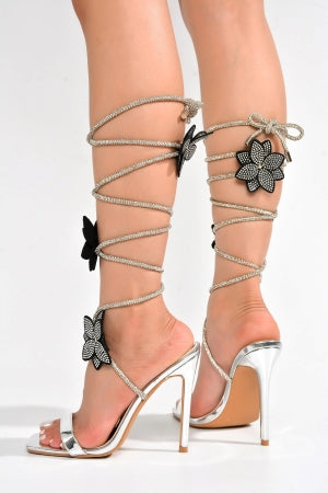 Cape Robbin Flowery Rhinestone Ankle Wrap Stiletto Heel Sandals – Silver
