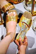 Women's Gold Croc Skin Square Toe Metallic Flat Sandals
