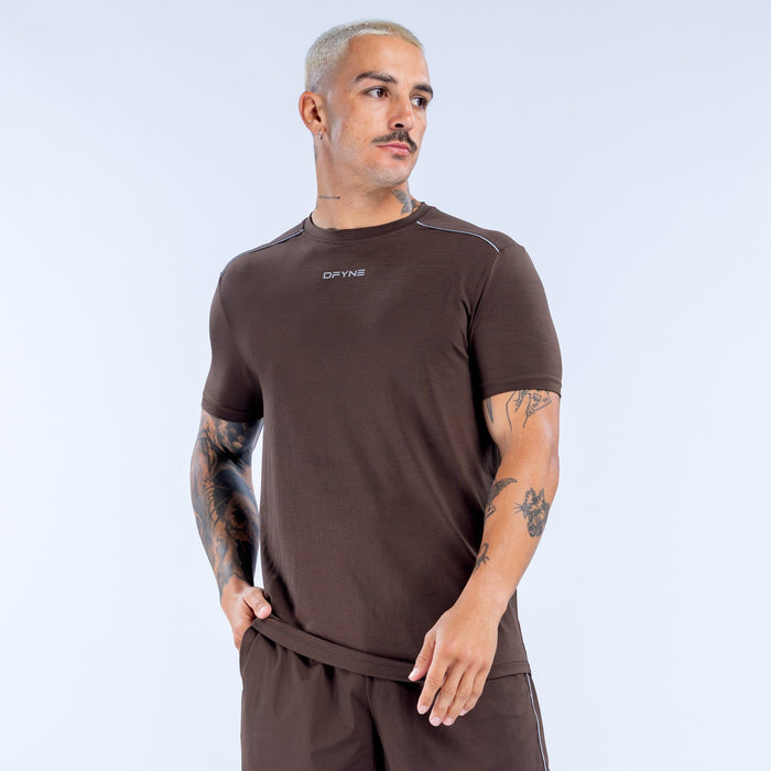 Men's dark brown short-sleeve crewneck active top with small chest logo