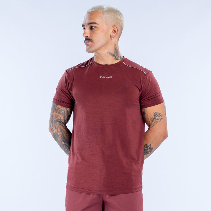 Maroon active top, crew neck, short sleeves, small chest logo