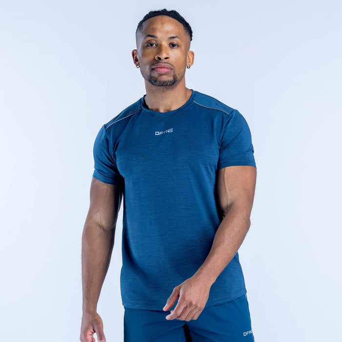 Men's blue active T-shirt with short sleeves and crew neck, small chest logo.