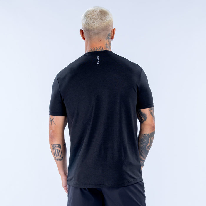 Men's black active top, back view, crew neck and DEYIN logo at collar