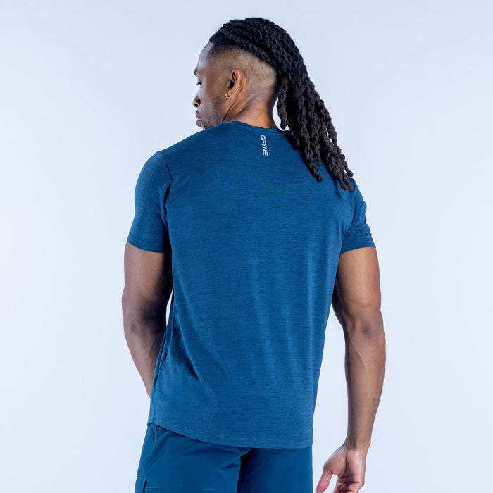 Men's blue active T-shirt with short sleeves and crew neck, vertical back logo strip.