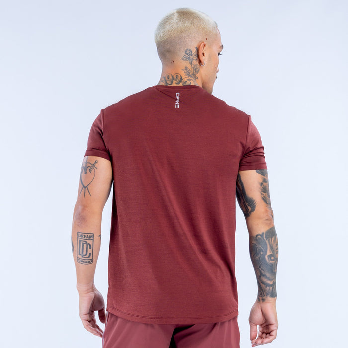 Maroon active top, back view, crew neck, short sleeves, small collar logo