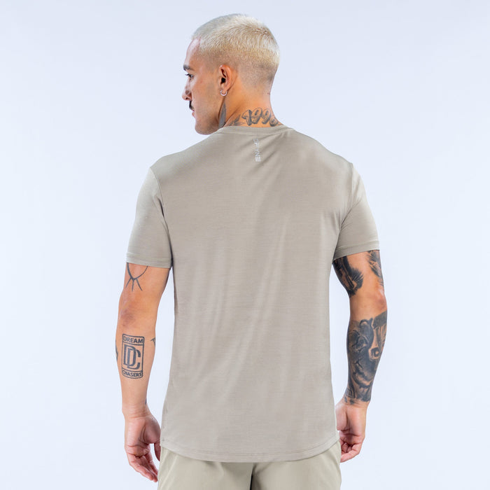 Men's light olive active t-shirt, back view, crew neck, short sleeves
