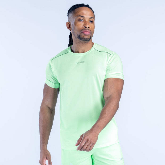 Light green short-sleeve active top with crew neck and chest logo