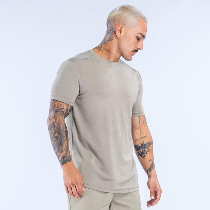 Men's light olive active t-shirt in side view, crew neck and short sleeves