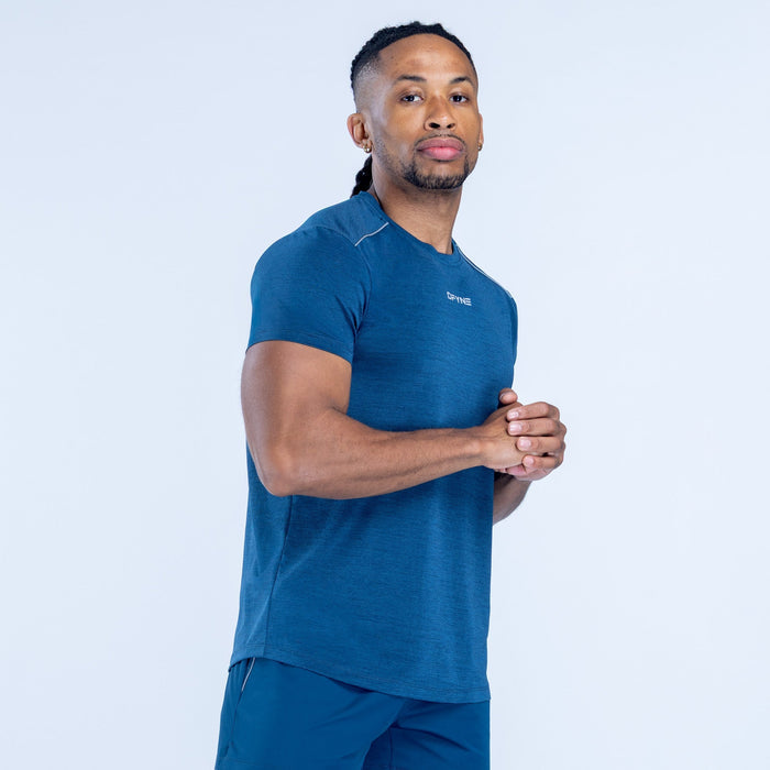 Men's blue active T-shirt with short sleeves and crew neck, front logo at chest.