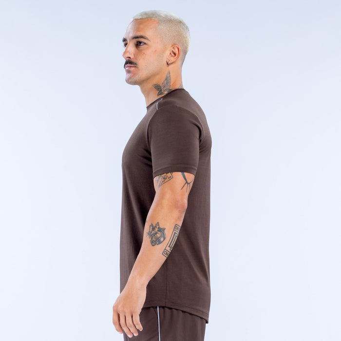 Men's dark brown short-sleeve crewneck active top, side view