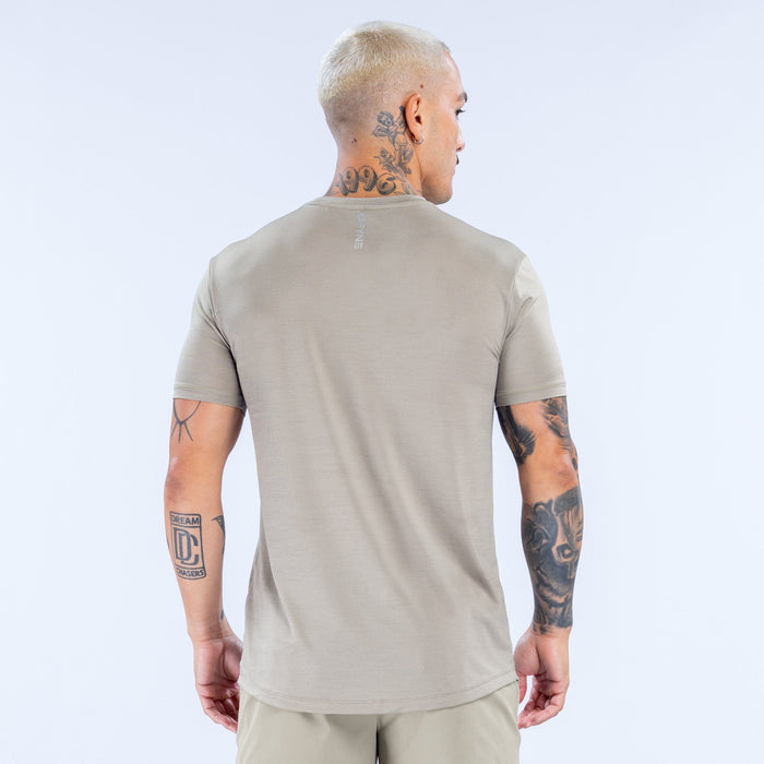 Men's light olive active t-shirt, back view, crew neck and short sleeves