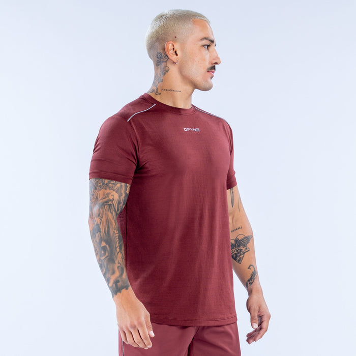 Maroon active top, crew neck, short sleeves, shoulder seam detail