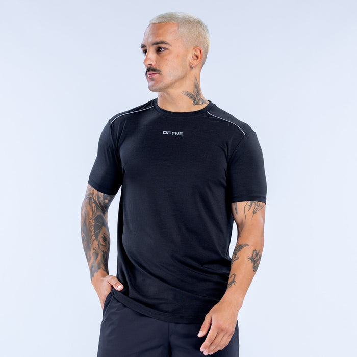 Men's black active top with crew neck and contrast shoulder seams, DEYIN logo