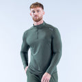 Men's olive green quarter-zip long-sleeve performance top with half zipper collar