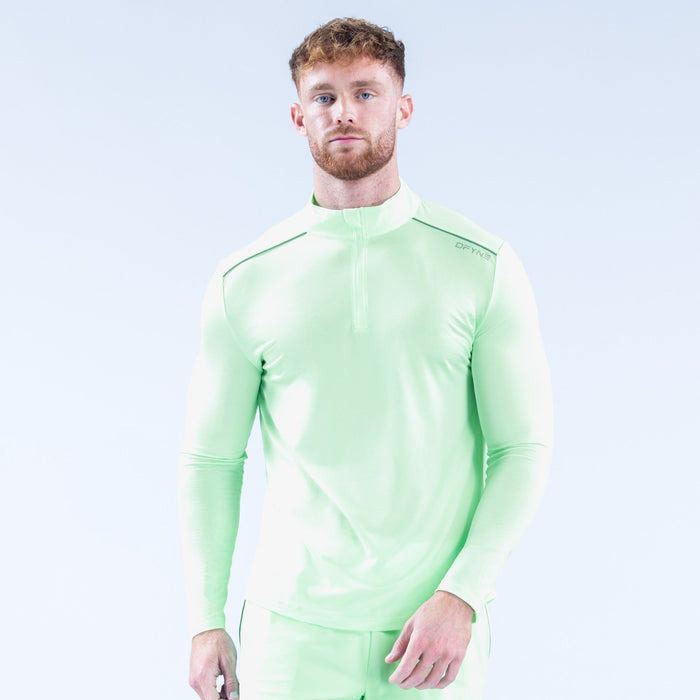 Light green quarter-zip long-sleeve pullover with stand collar and front zip